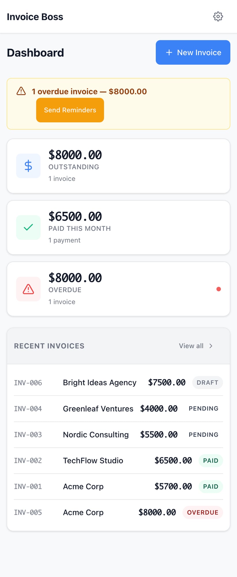 Invoice Boss app screenshot showing invoicing dashboard